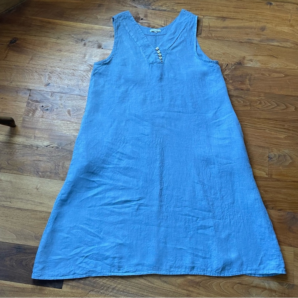 Tempo Paris Light Blue Button Detail 100% Linen V-Neck Sleeveless Dress Large - Picture 5 of 11